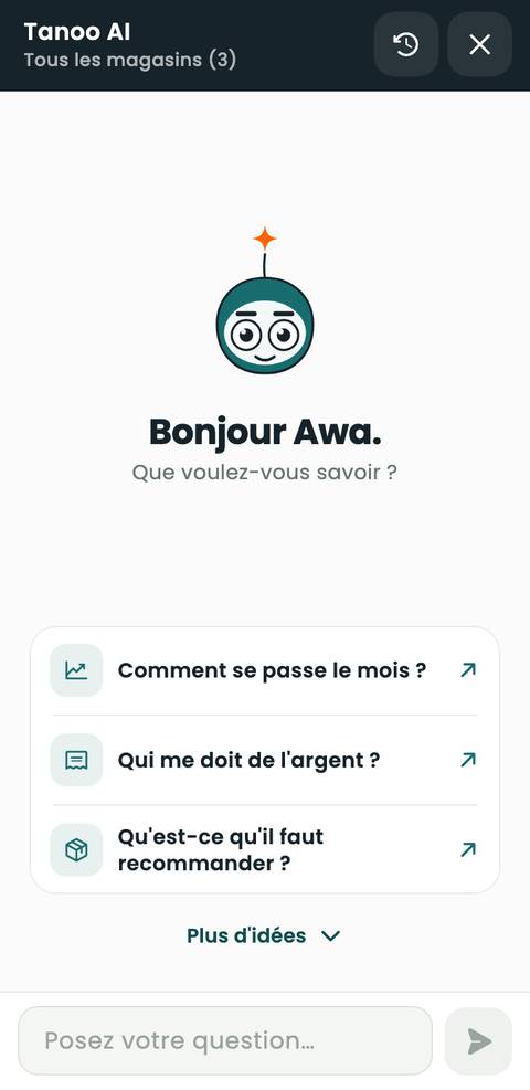 Tanoo AI : « Bonjour Awa. Que voulez-vous savoir ? » et des idées de questions.