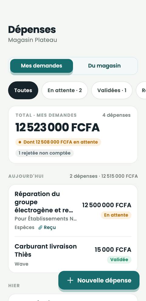 Mes demandes de dépenses : total, montants en attente et validés.