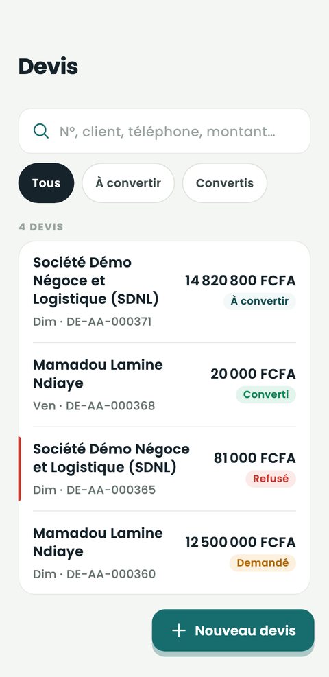 Liste des devis : à convertir, convertis, refusés ou demandés, avec leur montant.