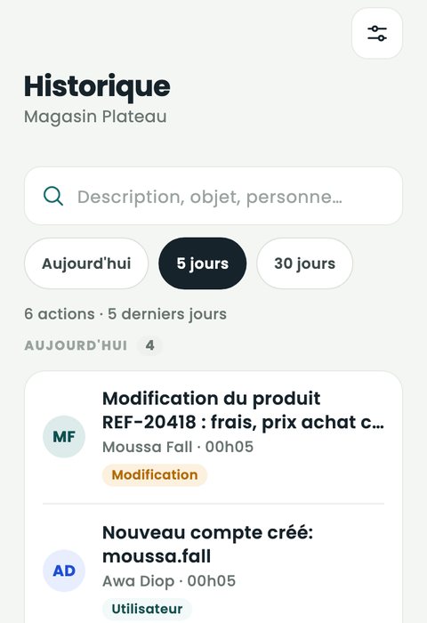 Historique des actions du Magasin Plateau : modifications de produits, comptes créés, paiements.