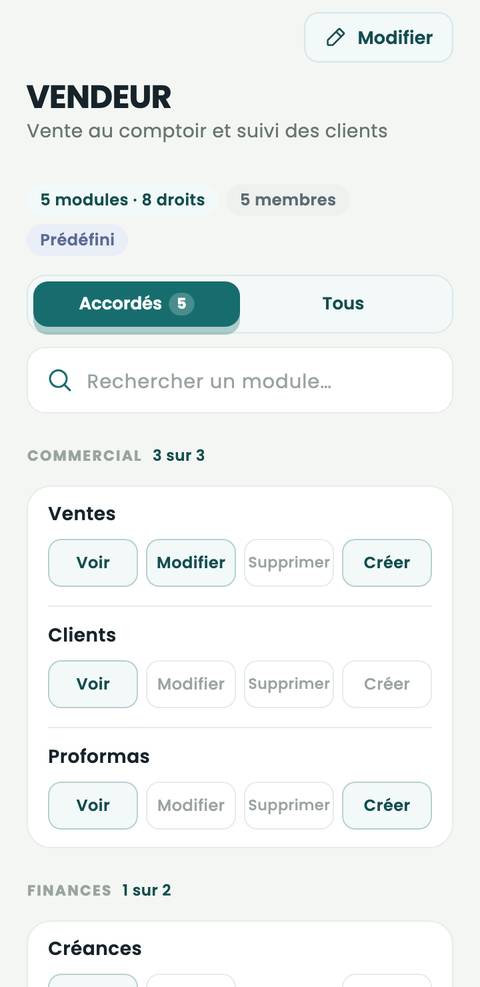Rôle Vendeur : droits Voir, Modifier, Supprimer, Créer pour chaque module.